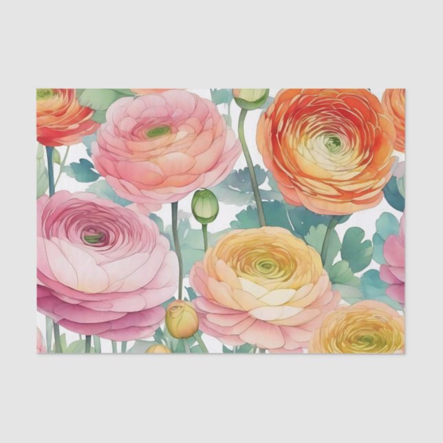 Papel De Seda Floral Ranunculus Elegante em Matizes Moles (Frente )