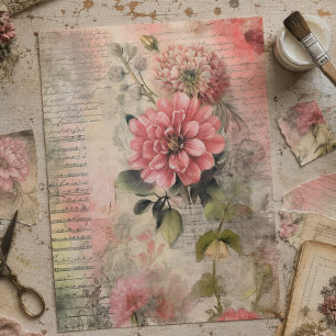 Papel De Seda Floral Rosa Antigo, Ephemera, Decoupage de Letra
