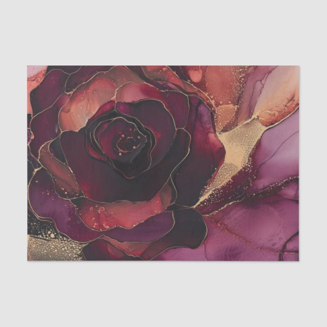 Papel De Seda Floral Rosa Borgonha Dourado (Frente )