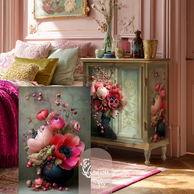 Papel De Seda Floral Rosa Brilhante, Vibrante, Buquê Whimsic (Whimsical Bouquet, Vibrant Pink Vase and Floral Decoupage Tissue Paper.)