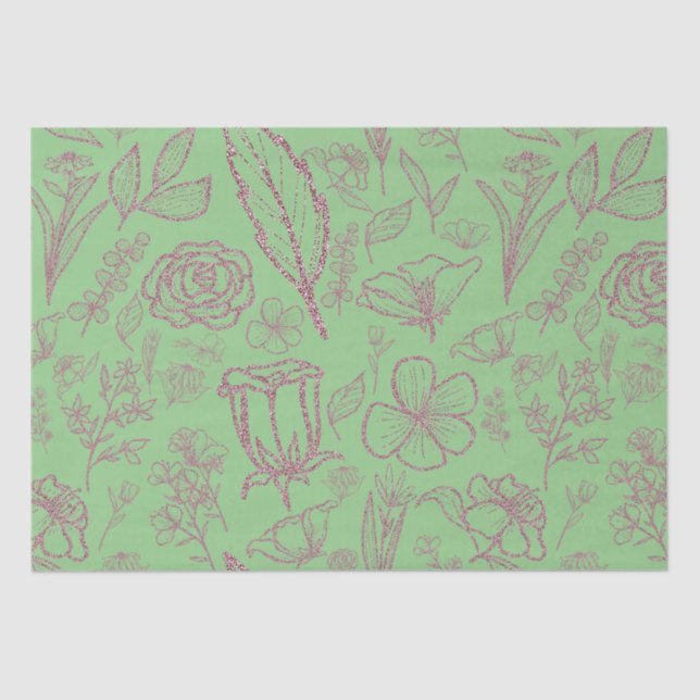 Papel De Seda Floral Rosa Simples em Verde | (Frente )