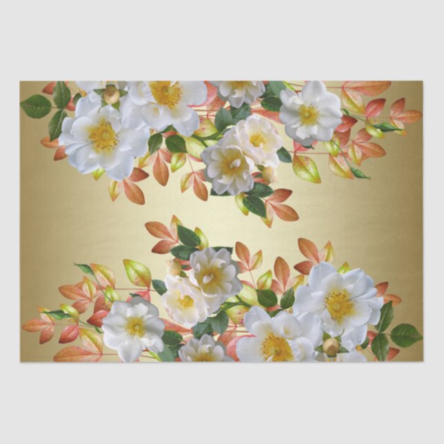 Papel de Seda Floral Rosas Brancas Dourado (Frente )