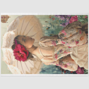 Papel De Seda Floral Vibrante, Senhora Elegante com Guarda-Sol