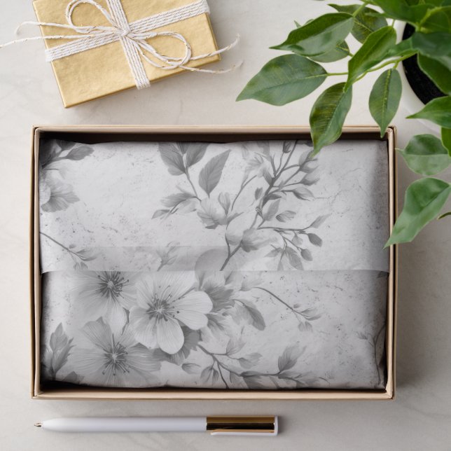 Papel De Seda Floral Vintage Cinza (Presente)