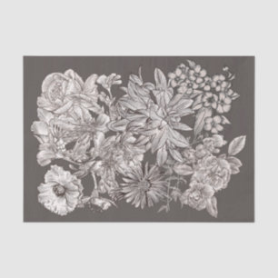 Papel De Seda Floral Vintage Moderno Marfim e Cinza Botânico Chi