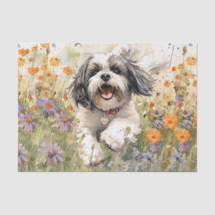 Papel De Seda Floral Watercolor Shih Tzu que corre através da fl