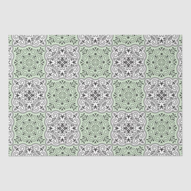 Papel De Seda Floreio de Padrão Rococó Verde (Frente )