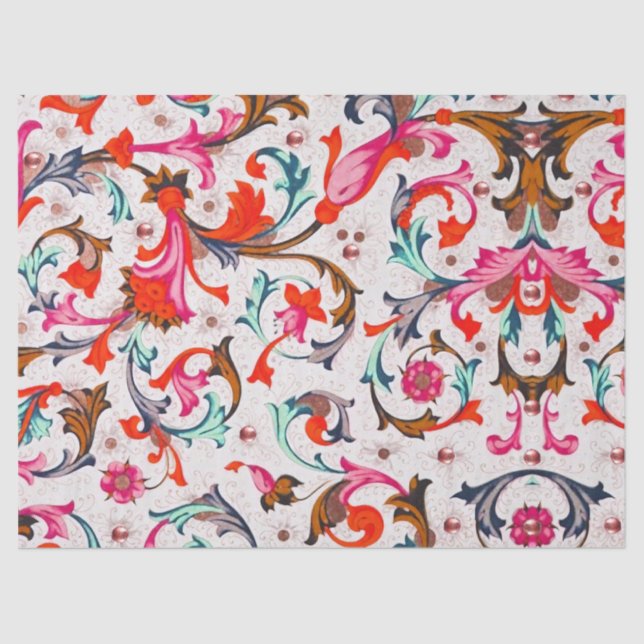 PAPEL DE SEDA FLORENTINA RENAISSÂNCIA, PEDAÇOS FLORAIS VERMELHOS (Frente )