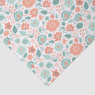 Papel De Seda Flores Abstratas Coral e Verde Minimalistas