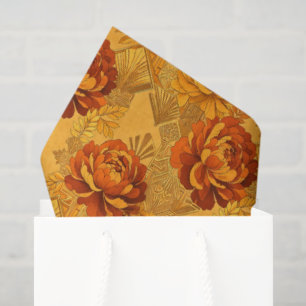 Papel De Seda Flores Abundantes Dourado Laranja Art Déco
