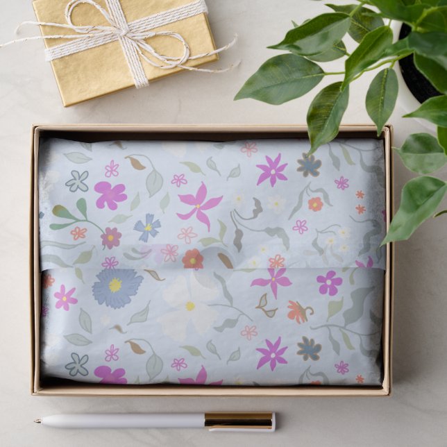 Papel De Seda Flores Alegres Ilustradas Azul Claro (Presente)