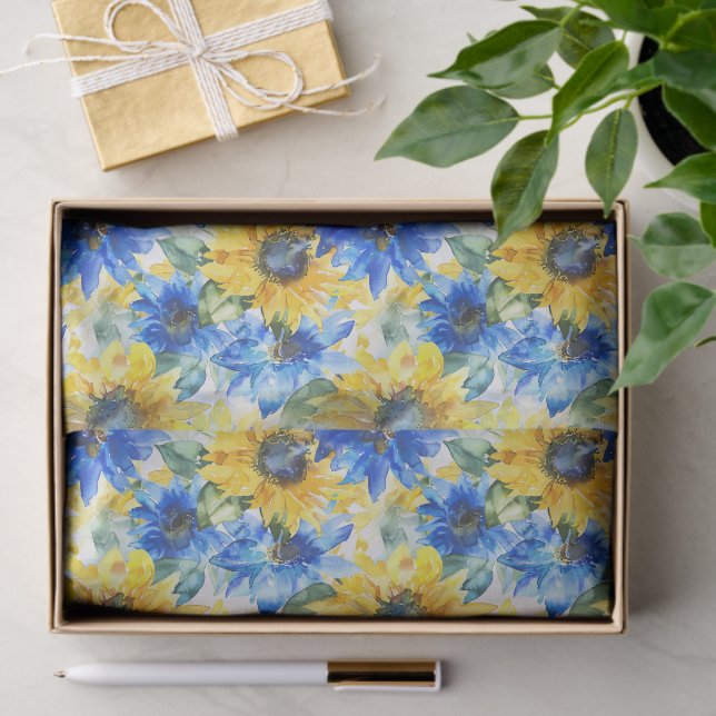 Papel De Seda Flores Amarelas Azuis de Aniversário (Presente)