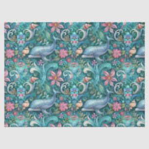 Papel De Seda Flores Aquáticas Golfinho Decoupage Caprichoso em