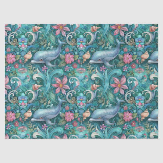 Papel De Seda Flores Aquáticas Golfinho Decoupage Caprichoso em  (Frente )