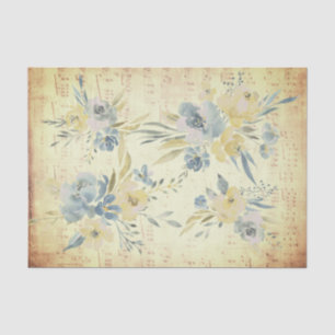 Papel De Seda flores azuis amarelas folha de música "vintage"