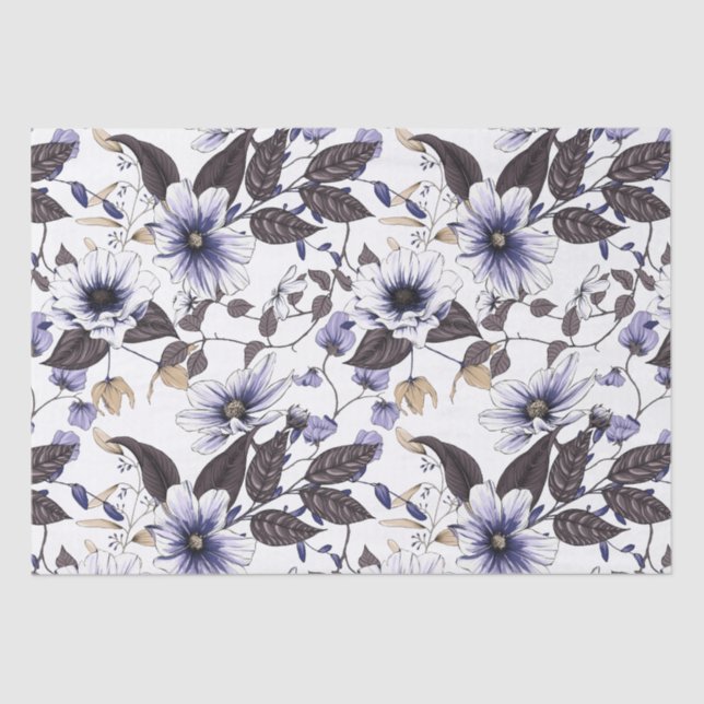 Papel De Seda Flores azuis claras com folhas verdes sem costura (Frente )