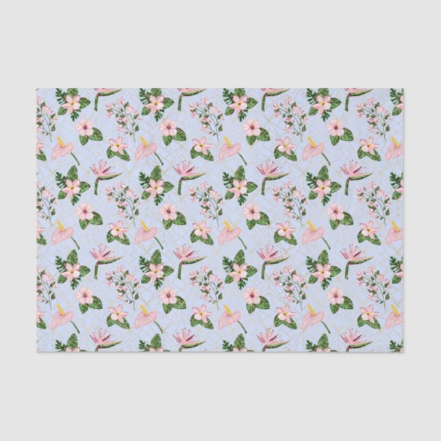 Papel De Seda Flores azuis-claras e cor-de-rosa (Frente )