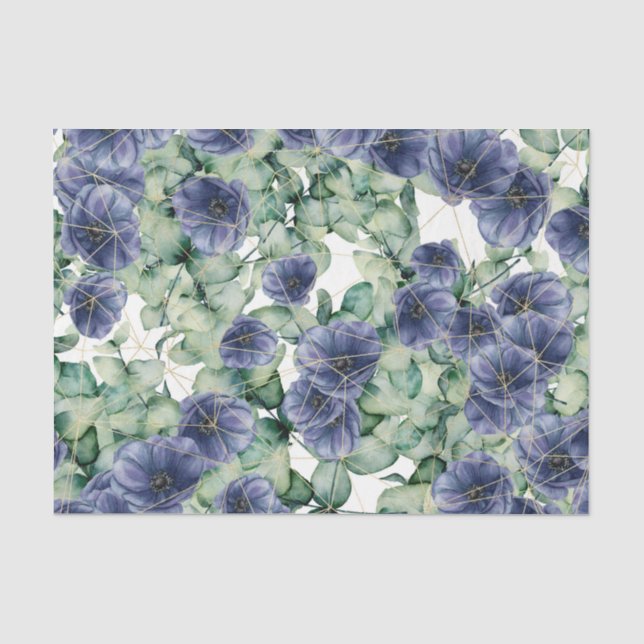 Papel De Seda Flores azuis com folhas verdes e dourado (Frente )