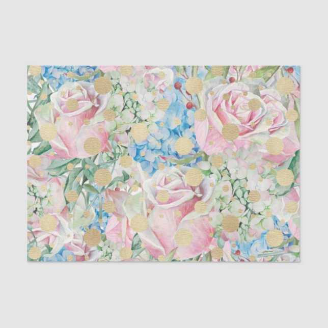 Papel De Seda Flores azuis com Rosas Rosa e Pontos Dourados (Frente )