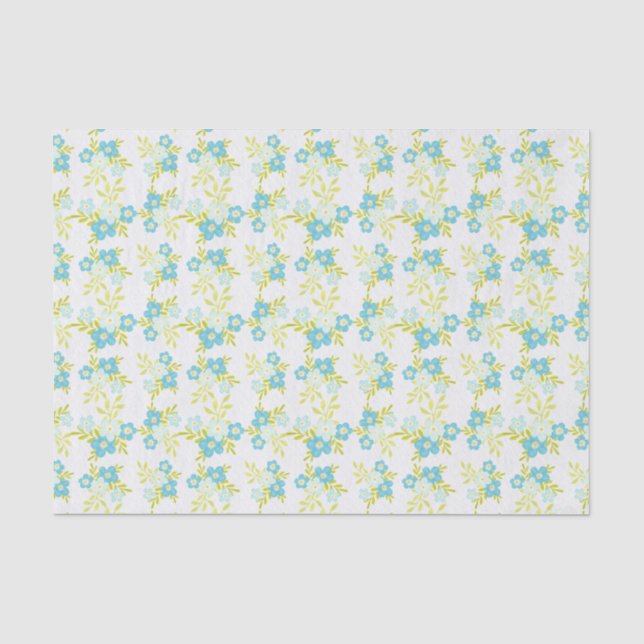 Papel De Seda Flores Azuis Delicadas Folhas Verdes em Branco (Frente )