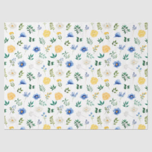 Papel De Seda Flores Azuis e Amarelas com Padrão de Folhagem