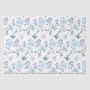 Papel De Seda Flores Azuis e Prateadas em Aquarela