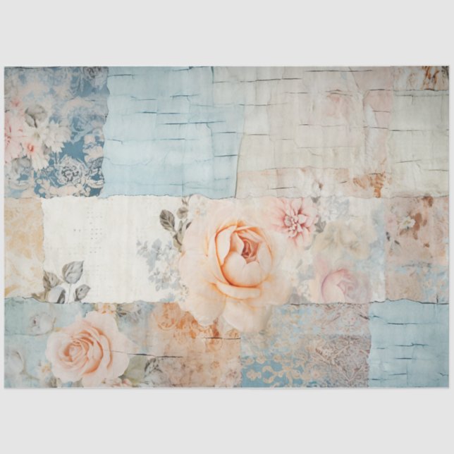 Papel De Seda Flores azuis e rosa pastosas chiques (Frente )