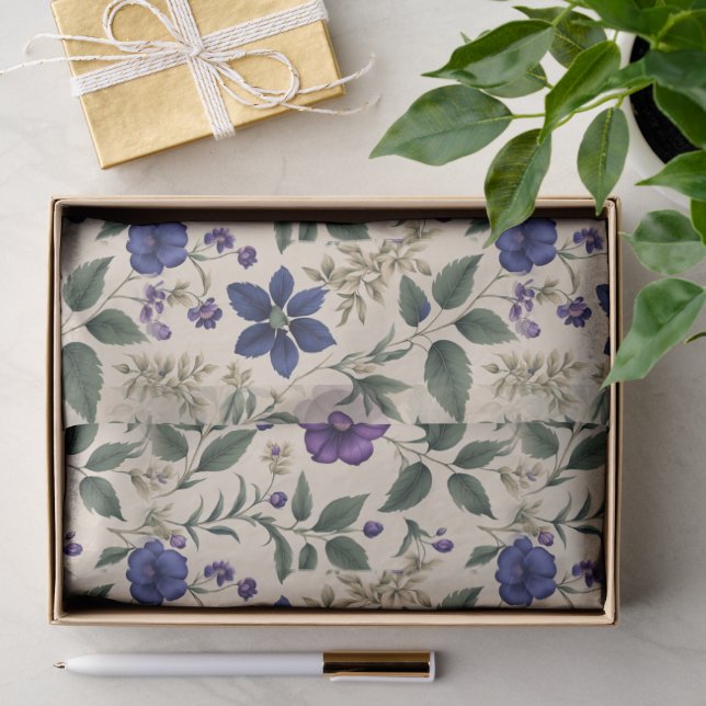 Papel De Seda Flores Azuis e Roxas Folhagem Marfim e Verde (Presente)