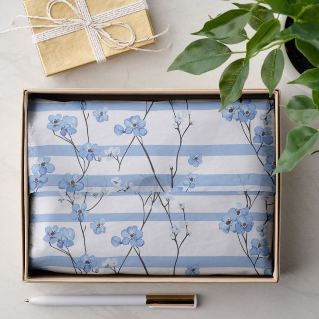 Papel De Seda Flores Azuis Elegantes com Desenho Listrado (Criador carregado)