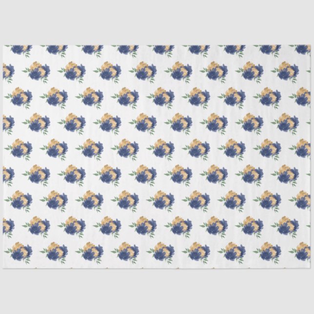 Papel De Seda Flores azuis marinhos e padrão verde (Frente )