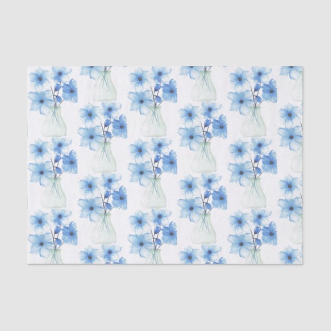 Papel De Seda Flores Azuis no vaso de vidro (Frente )