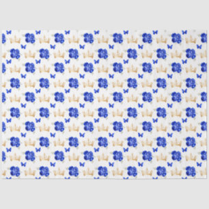 Papel De Seda Flores Azuis Reais e Corvos Dourados