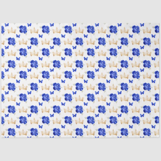 Papel De Seda Flores Azuis Reais e Corvos Dourados (Frente )