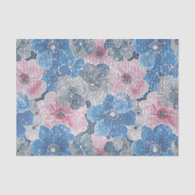 Papel De Seda Flores Azuis Rosadas Brilham (Frente )