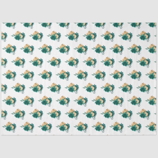 Papel De Seda Flores Azuis Teais e Padrão Verde (Frente )