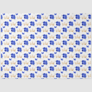 Papel De Seda Flores Azul Real e Coroas Douradas