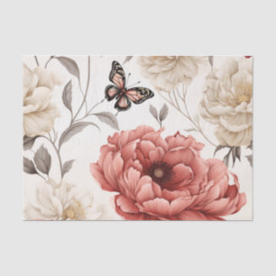 Papel De Seda Flores Botânicas Creme e Pêssego Avermelhado      