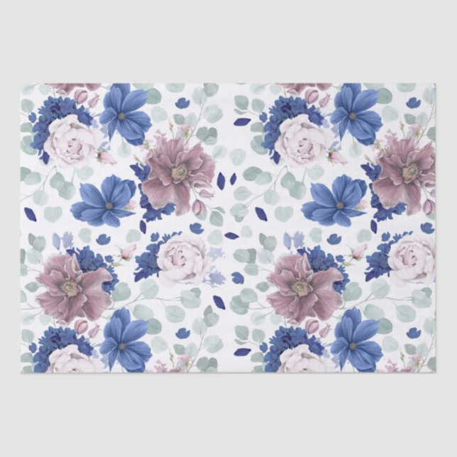 Papel De Seda Flores Botânicos Elegantes Rosa e Azul Marinho (Frente )