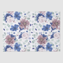 Papel De Seda Flores Botânicos Elegantes Rosa Violeta e Azul Mar