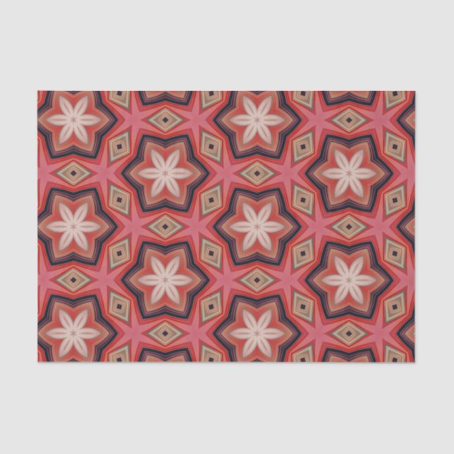 Papel De Seda Flores Brancas Caleidoscópicas Geométricas Em Verm (Frente )