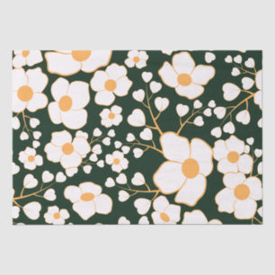 Papel De Seda Flores Brancas Centralizadas Amarelas e Fundo Verd
