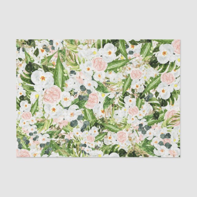 Papel De Seda Flores brancas com folhas verdes 3 (Frente )