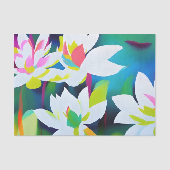 Papel De Seda Flores brancas de lótus em fundo verde (Frente )