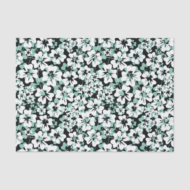 Papel De Seda Flores brancas e turquesas a preto. (Frente )