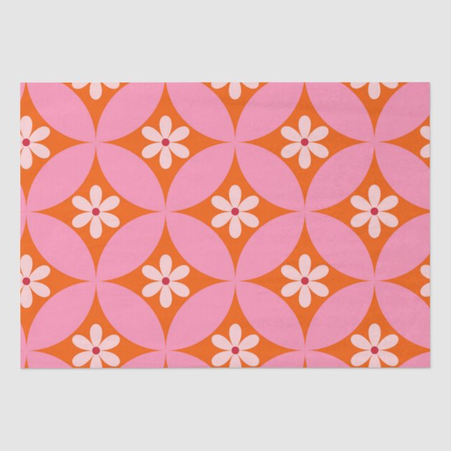 Papel De Seda Flores Brancas em Padrão de Círculos Rosa de Meado (Frente )