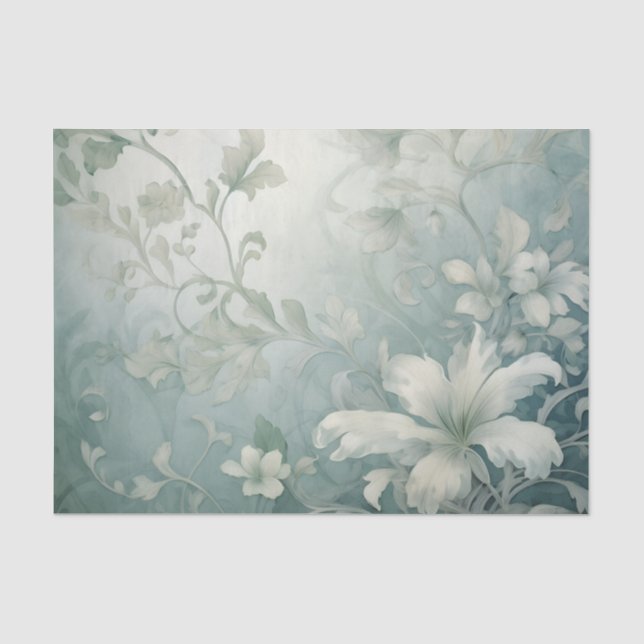 Papel De Seda Flores Brancas Grandes Estilo de Rolagem Folhas e  (Frente )