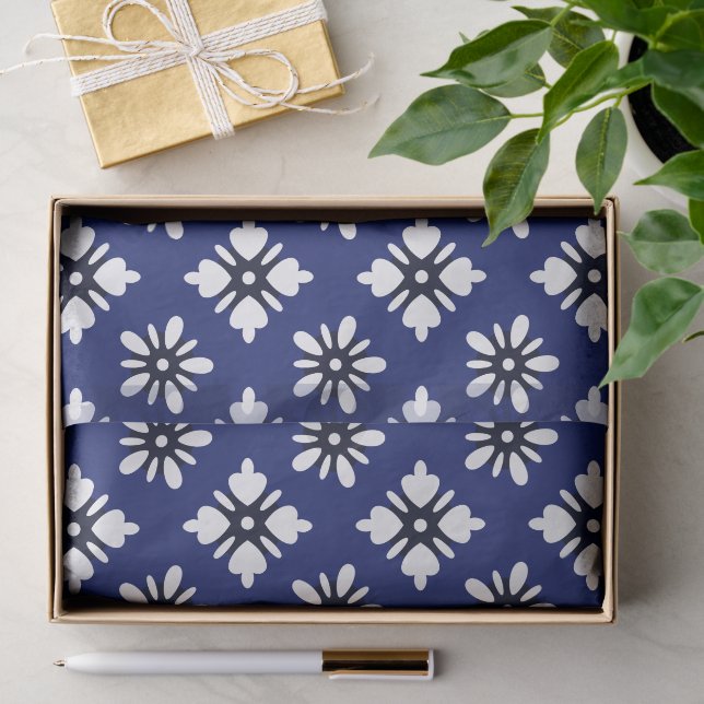 Papel De Seda Flores brancas Katazome em azul índigo (Presente)