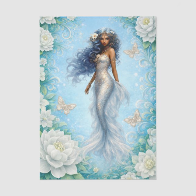 Papel De Seda Flores Brancas Sereia & Borboletas Decoupage (Frente )