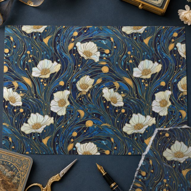 Papel De Seda Flores Celestiais Creme e Dourado sobre Azul-Marin (Criador carregado)