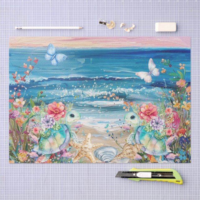 Papel De Seda Flores Cênicas da Costa com Tartarugas Marinhas De (Arte )